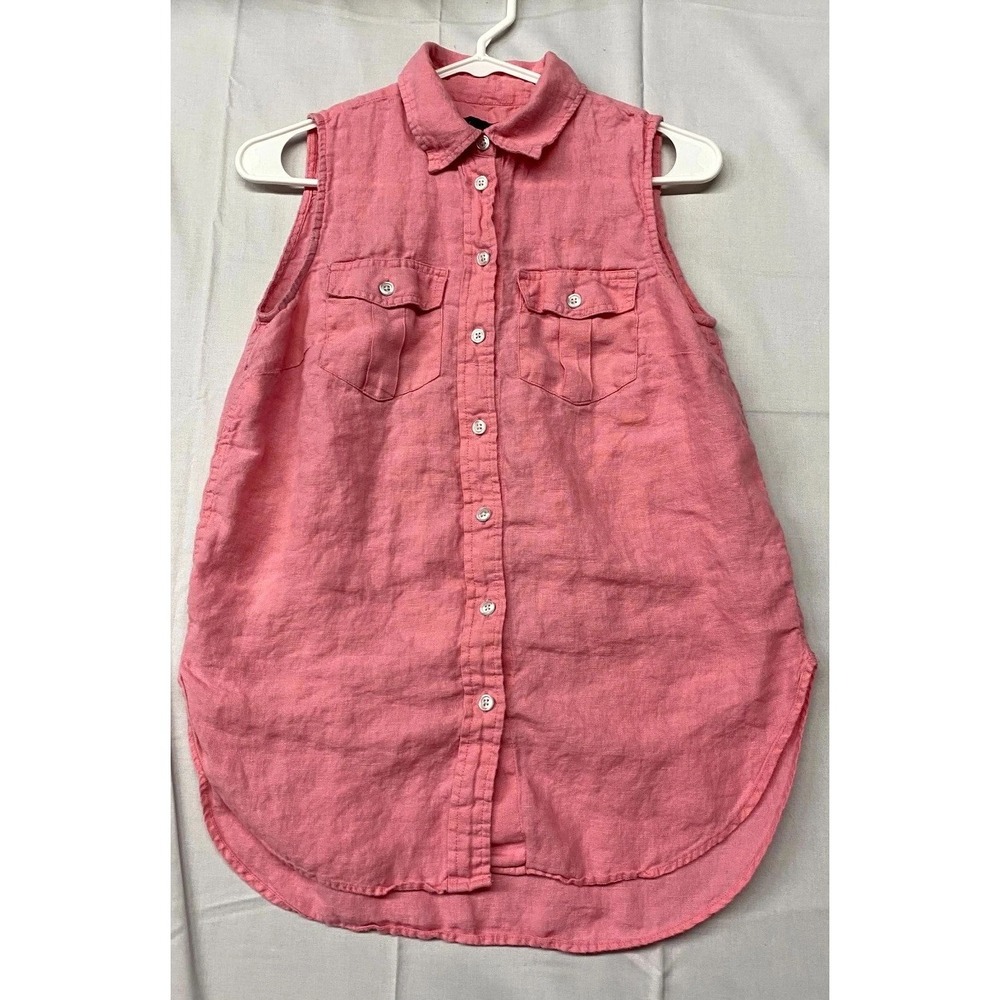Talbots Boyfriend Shirt Womens XS Pink Linen Sleeveless Curved Hem Button Up